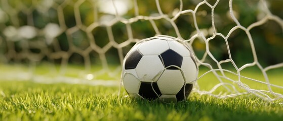 The soccer ball resting near the goal net on a sunny grass field.