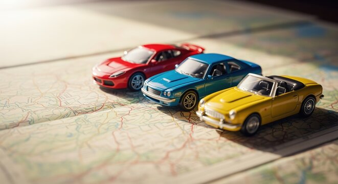 Colorful miniature toy cars on a road map, red sports car, blue sedan, yellow convertible