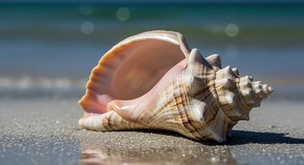 Beautiful conch shell resting on sparkling wet sand at a sunny tropical beach