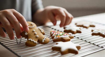 Child hands carefully placing a freshly baked gingerbread man cookie on a cooling rack with other festive treats