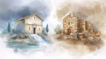 One builder sets his house firmly on rock, enduring storms with strength, while another builds on shifting sand, collapsing in ruin—symbolizing wisdom, folly, and the foundation of true faith..