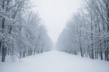 Obraz premium Snowy path, winter trees, foggy landscape, serene scene