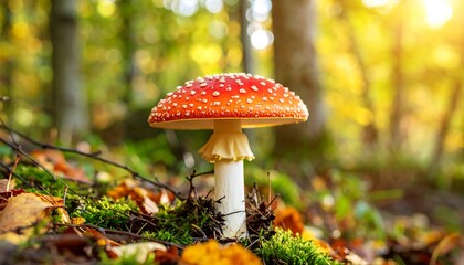 Amanita muscaria Mushroom in a Vibrant Forest Glade, Autumn Sunlight