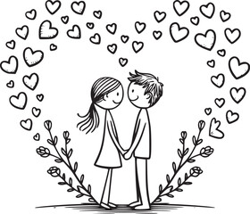 Obraz premium Eternal Love: A heartwarming depiction of a loving couple in a simple illustration, surrounded by hearts and flowers, portraying the essence of devotion and the beauty of togetherness.