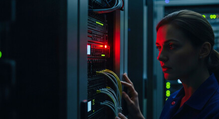Female IT Professional Troubleshooting Server Rack in Dark Data Center with Red Alert Lights