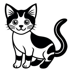 Adorable Black and White Kitten Illustration with Whiskers and Tail Curled Up Sitting Pretty for Your Design Project