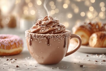 Cozy hot chocolate with whipped cream and sprinkles, steam rising, with blurred pastries.