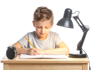  Children Writing in Notebook Under Warm Desk Lamp, Isolated on Transparent Background