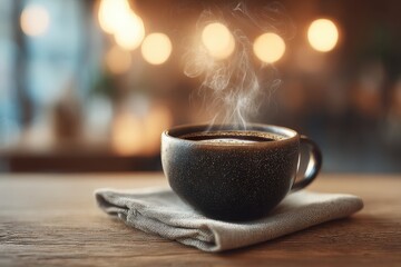 Obraz premium A warm cup of steaming coffee on a rustic wooden table with soft bokeh lights.