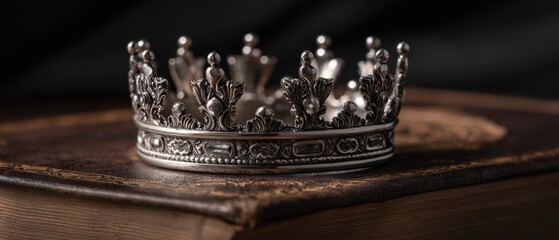 The elegant silver crown resting on a vintage book with a dark background.