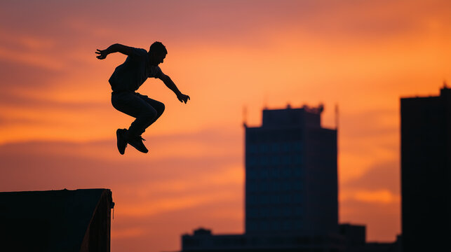 A fearless parkour athlete vaults over a rooftop edge, suspended in midair against an urban backdrop, embodying freedom, strength, agility, and the daring spirit of movement beyond limits.. - Powered by Adobe