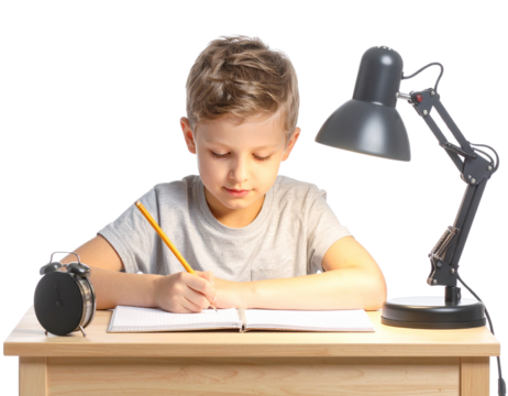  Children Writing in Notebook Under Warm Desk Lamp, Isolated on Transparent Background