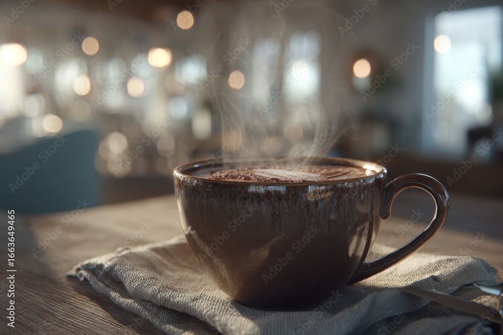 Poster inviting close-up of a steaming hot cocoa mug on a wooden table with warm bokeh.