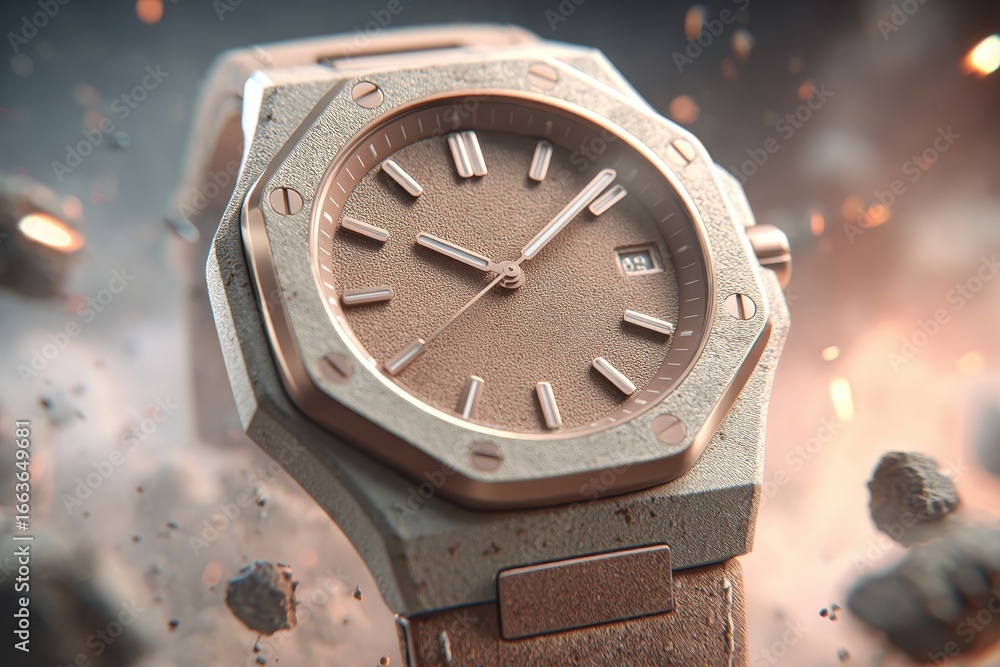 Poster close-up of a rugged, textured watch with an octagonal bezel amidst dynamic particles