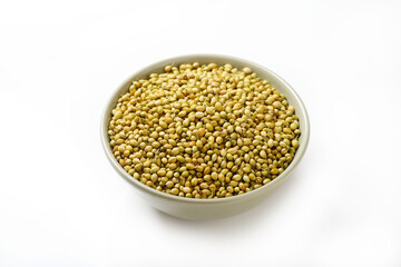 Indian food spice called coriander seed isolated on white background 