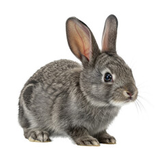 Obraz premium Close-up studio portrait of a fluffy grey rabbit with long ears on a white background, perfect for Easter or pet-themed designs