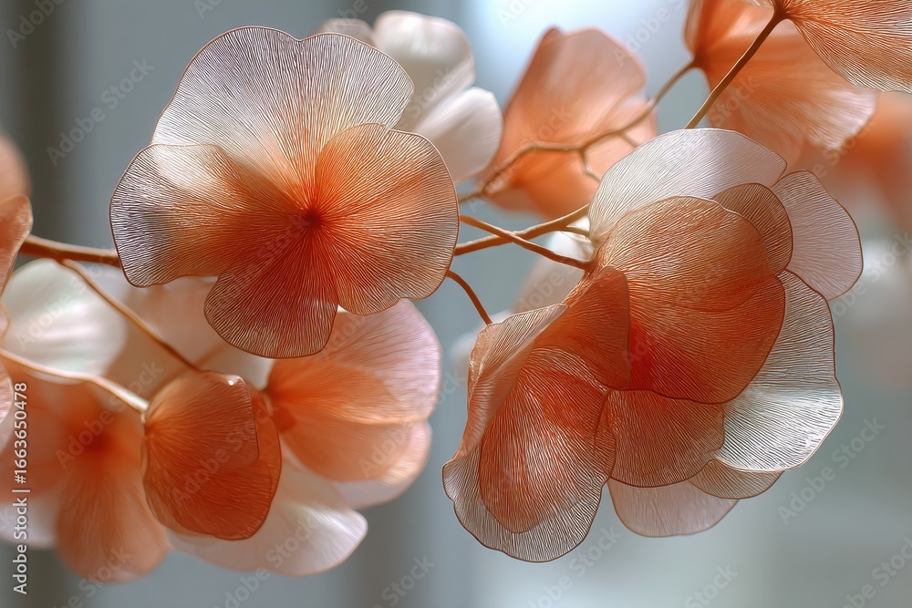 Poster ethereal translucent petals with intricate textures in soft peach and orange.
