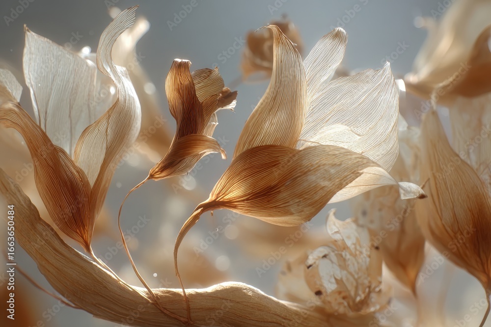 Poster ethereal close-up of delicate translucent dried leaves with soft backlight.