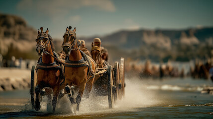 Pharaoh’s army charges into the parted Red Sea, horses and chariots racing fiercely between towering walls of water, unaware of the divine power about to close the path and deliver Israel..