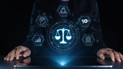 Futuristic digital law interface displaying justice scale, highlighting digital law, AI compliance,...