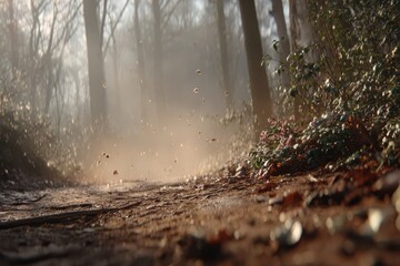 Ethereal forest path bathed in warm sunlight with magical dust particles floating