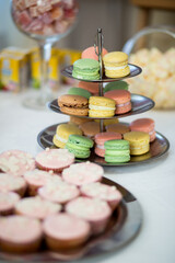 Colorful assortment of French macarons in green, yellow, orange, and brown displayed on a tiered metal stand. A stylish and delicious centerpiece for dessert tables.