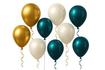 Festive gold, white, teal balloons hovering with curling ribbons, creating elegant party atmosphere for celebratory event backgrounds
