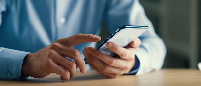 The person interacting with a smartphone during a professional setting.