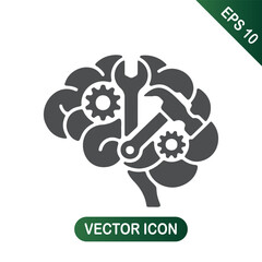 Brain with gears, wrench, and hammer symbolizing cognitive process