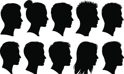 Human Head Silhouettes with Diverse Hairstyles in Profile View for Identity, Style, Fashion, Recognition, Vector Icons, and Design Concepts