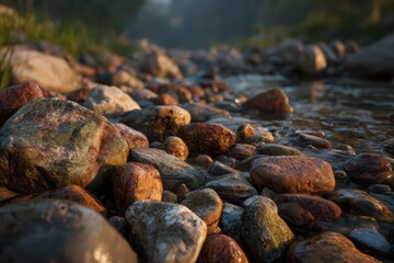 Glistening wet river rocks in a shallow stream, illuminated by warm light.