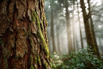 Obraz premium Close-up of mossy tree bark in a mystical forest with ethereal sunbeams.