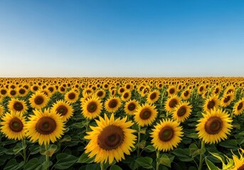 Fototapeta premium Vast field of vibrant yellow sunflowers stretching towards a clear blue sky on a bright summer day