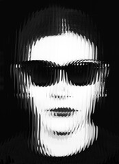 Face of a young woman wearing sunglasses closeup with glass ripple effect in monochrome black and white