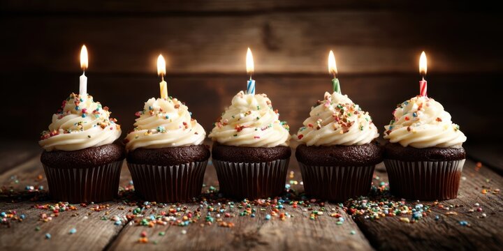 The delicious cupcakes with colorful candles for a festive celebration.
