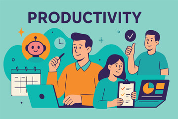 Modern professionals leverage advanced artificial intelligence and digital tools for efficient task management scheduling and enhanced productivity in a vibrant vector illustration