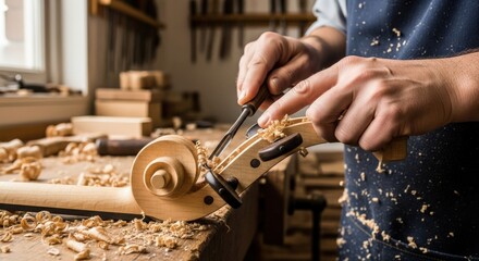 Closeup of a luthiers hands carefully carving a violin scroll with a sharp tool in a rustic workshop filled with wood shavings