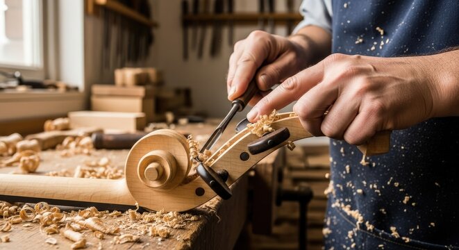 Closeup of a luthiers hands carefully carving a violin scroll with a sharp tool in a rustic workshop filled with wood shavings - Powered by Adobe