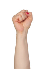 Female hand showing fist gesture isolated over transparent or white backgroud 