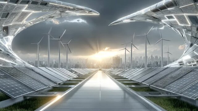 Futuristic landscape with solar panels and wind turbines against the backdrop of a modern city at sunset. Conceptual future of renewable energy, where technology and nature coexist in harmony.