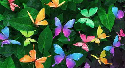 Colorful butterflies fluttering around vibrant green leaves, joyful atmosphere, nature close-up
