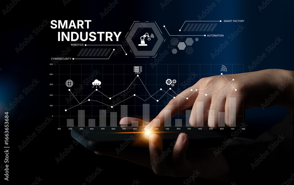 Poster smart industry dashboard combining automation, robotics, cloud integration, cybersecurity, and data 