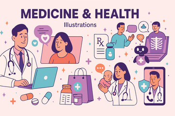 Doctor and patient icons illustrate the concept of medical communication and technology in a business setting