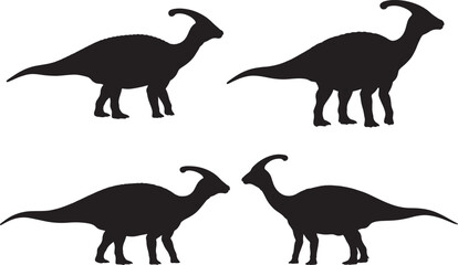 Four parasaurolophus dinosaurs in silhouette against a white background