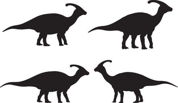 Four parasaurolophus dinosaurs in silhouette against a white background