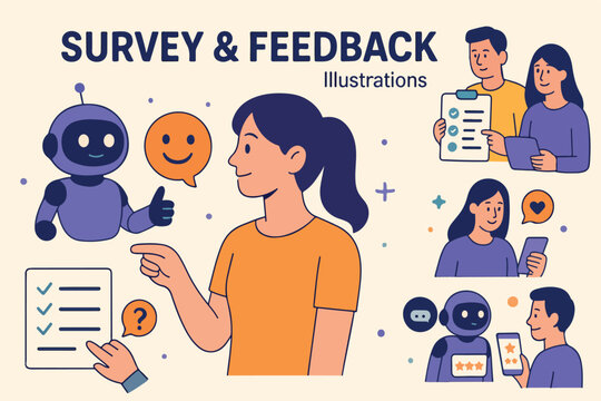 Diverse characters interacting with artificial intelligence for survey completion providing feedback and customer evaluation illustrating user experience concepts in a vibrant vector design - Powered by Adobe