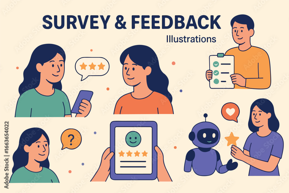 Poster diverse characters interact with artificial intelligence to complete surveys provide feedback and ra