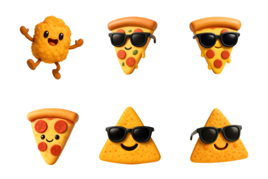 Playful cartoon food characters featuring a happy nugget and lively pizza slices wearing fun sunglasses.