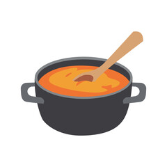 Flat Vector Illustration of Cooking Pot with Soup and Wooden Spoon