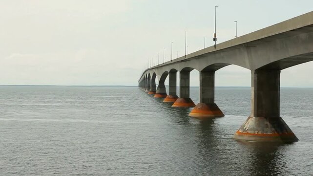 Driving across the confederation bridge over the ocean in prince edward island canada